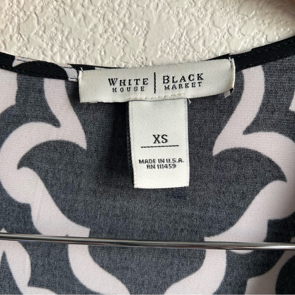 White House Black Market | Black and White Patterned Faux Wrap Mini Dress - Picture 8 of 8